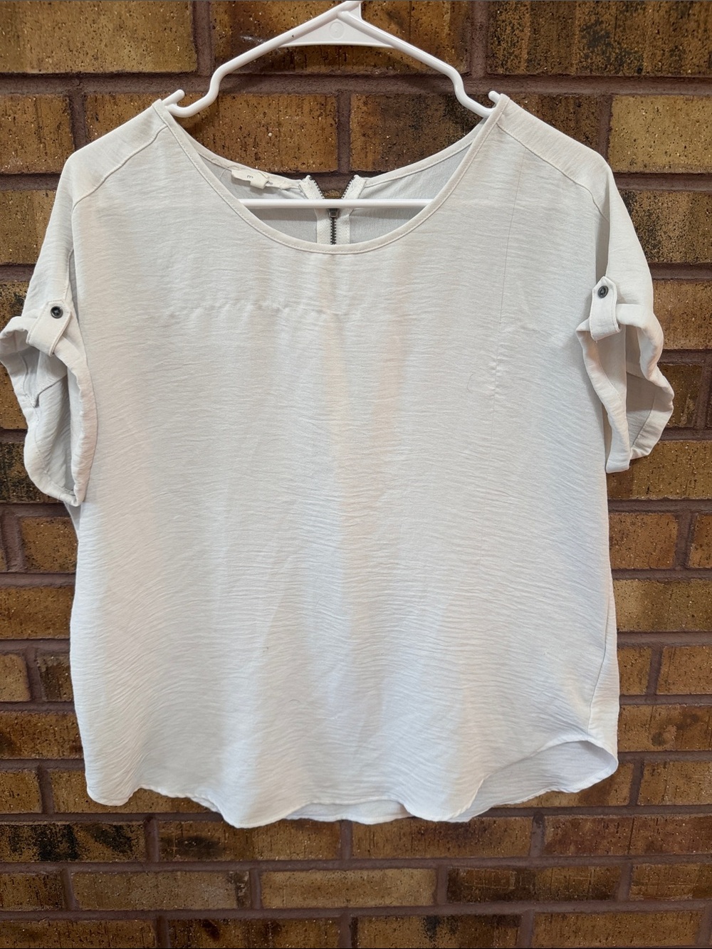 Maurices Light Cream Short Sleeve Button-Tab Top